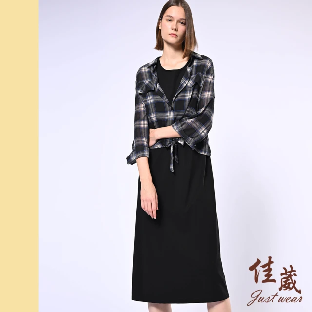 Just Wear 佳葳 兩件式格紋罩衫棉質洋裝(洋裝/休閒/透膚/翻領/中長裙)