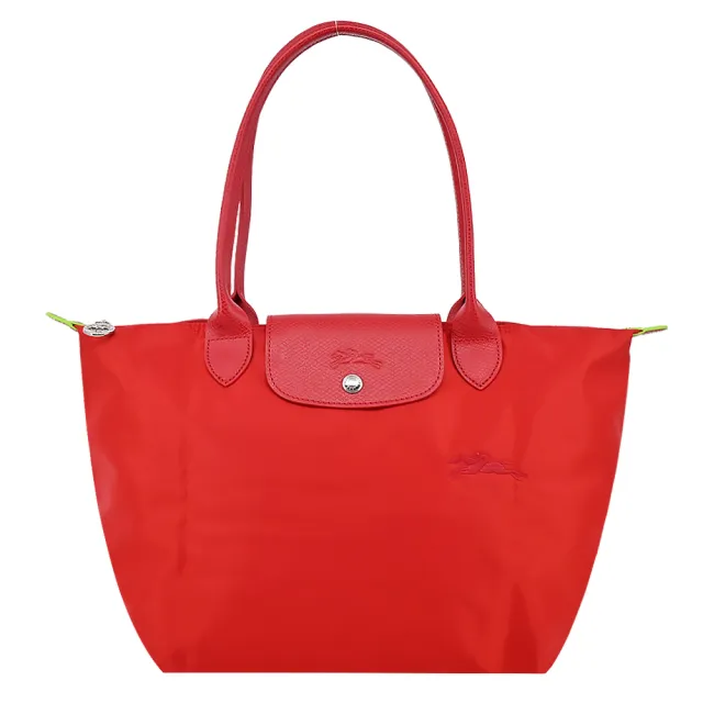 【LONGCHAMP】LE PLIAGE GREEN系列刺繡長把再生尼龍摺疊水餃包(中/番茄紅)