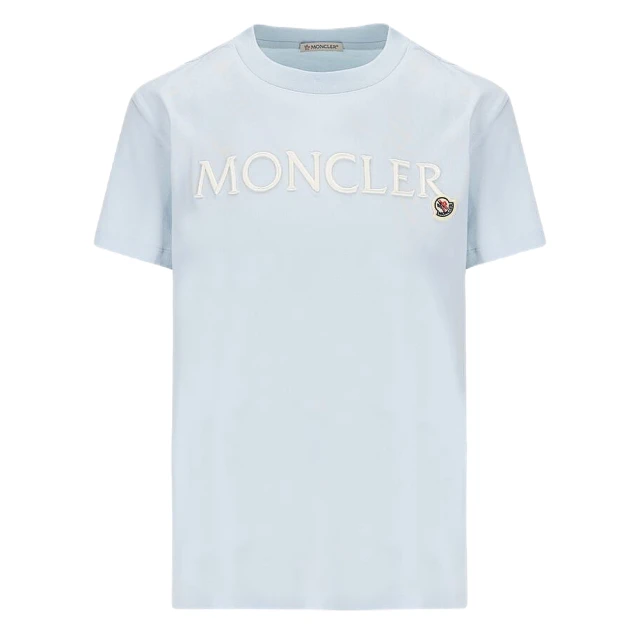 MONCLER 女款 胸前刺繡英文名&品牌LOGO 短袖T恤-淺藍色(S號、M號、L號)