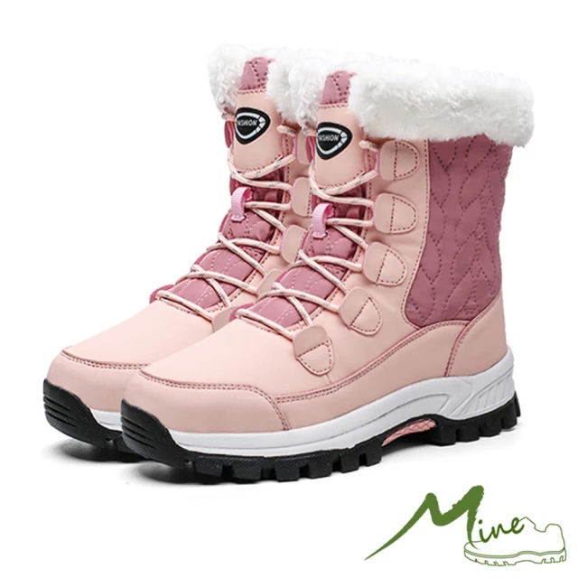 MINE 保暖雪靴 綁帶雪靴/保暖機能格紋車線毛絨靴口綁帶造