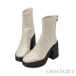 【Grace Gift】卡士達奶油皮革防水台高跟短靴