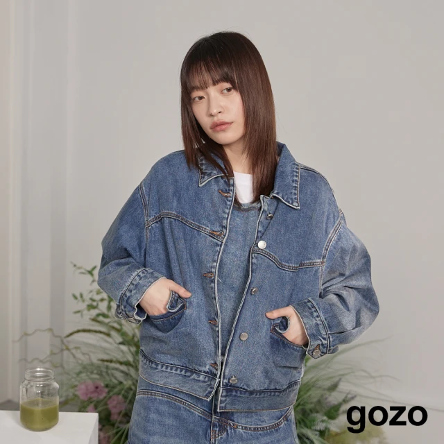 gozo 皮標曲線剪接造型袖牛仔外套(兩色)