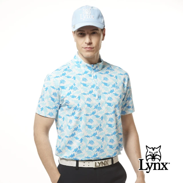 Lynx Golf 男款吸溼排汗機能街頭塗鴉風格圖樣印花短袖立領POLO衫/高爾夫球衫(淺藍色)