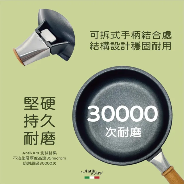 【AntikArs】經典可拆原木手柄 不沾鍋平底鍋32cm 可電磁爐(義大利製 贈法國製Pyrex耐熱玻璃鍋蓋 平煎鍋)