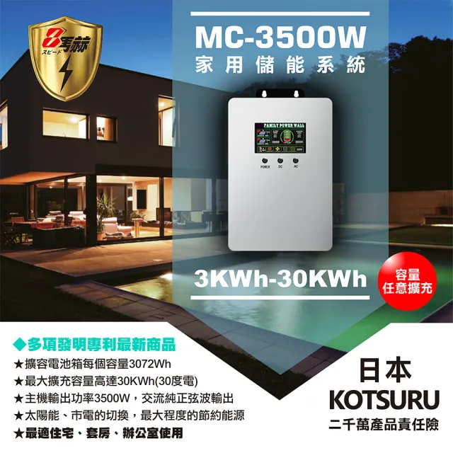 【KOTSURU】日本KOTSURU 8馬赫 3500W 3度電 電池箱x1 家用儲能系統 容量可擴充 施工另計 現場估價