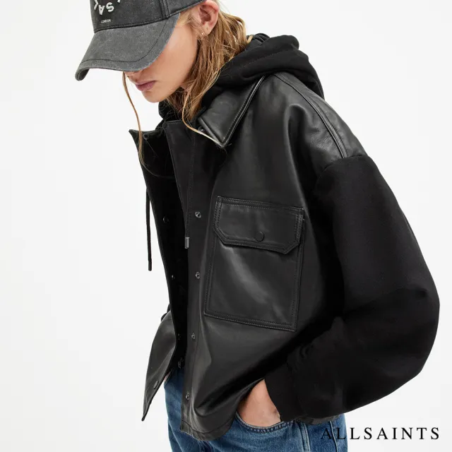 【ALLSAINTS】MORTEN 寬鬆連帽拼接羊皮外套皮衣 WL578Z(寬鬆版型)