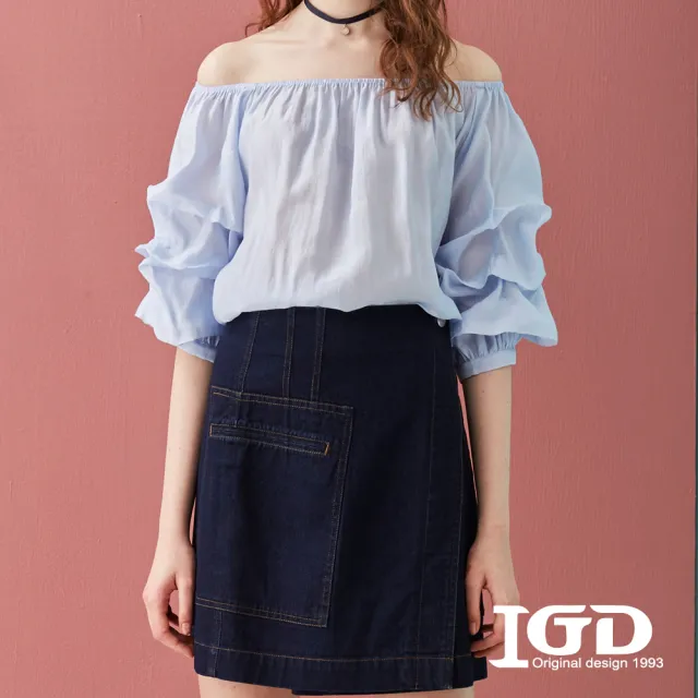 【IGD 英格麗】速達-網路獨賣款-浪漫波浪一字領上衣(藍色)