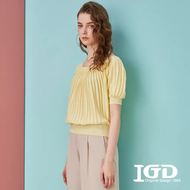 【IGD 英格麗】速達-網路獨賣款-壓褶五分袖針織上衣(黃色)