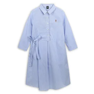 【Hush Puppies】女裝 洋裝 細條紋綁帶七分袖襯衫領洋裝(淺藍 / 43215102)