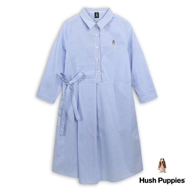 Hush Puppies 女裝 洋裝 細條紋綁帶七分袖襯衫領洋裝(淺藍 / 43215102)