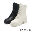 【BYHUE】韓系日常拼接剪裁全真皮綁帶軟芯高跟短靴(黑)