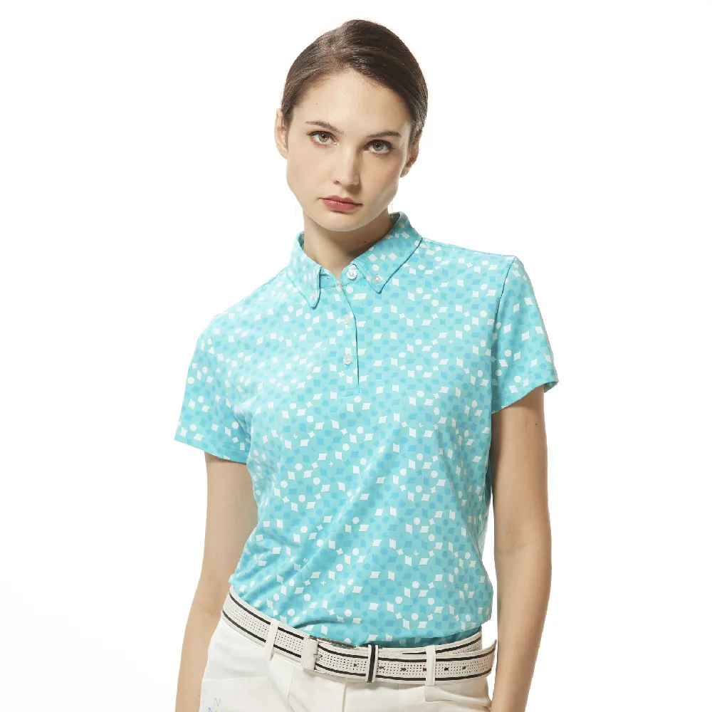 【Lynx Golf】女款吸汗速乾機能滿版形狀印花領尖扣設計短袖POLO衫/高爾夫球衫(藍綠色)