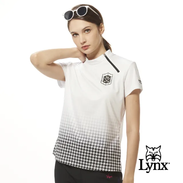 【Lynx Golf】女款吸溼排汗機能側開拉鍊造型半身千鳥紋印花短袖POLO衫/高爾夫球衫(白色)