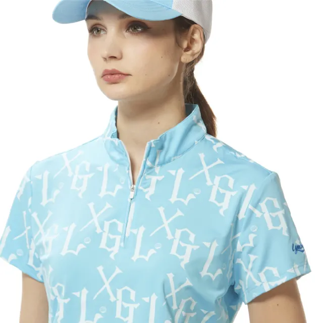 【Lynx Golf】女款吸溼排汗機能滿版LXG字樣印花Lynx繡花短袖立領POLO衫/高爾夫球衫(水藍色)