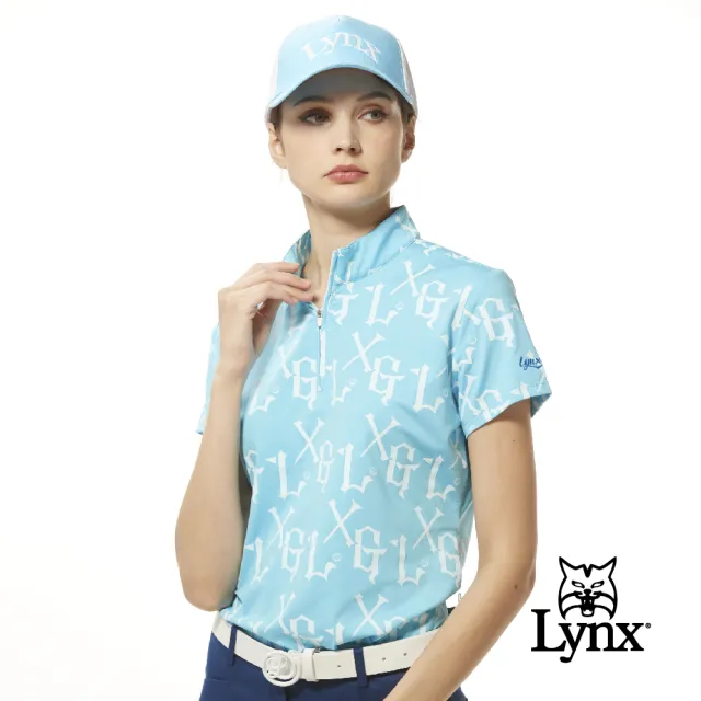 【Lynx Golf】女款吸溼排汗機能滿版LXG字樣印花Lynx繡花短袖立領POLO衫/高爾夫球衫(水藍色)