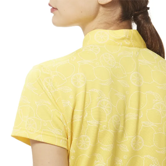 【Lynx Golf】女款溼排汗機能網眼材質滿版檸檬圖樣印花短袖立領POLO衫/高爾夫球衫(黃色)