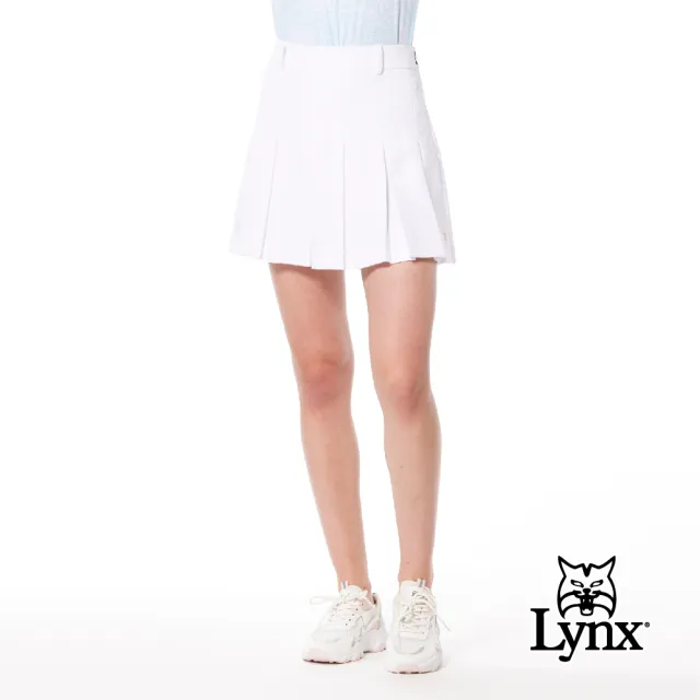 【Lynx Golf】女款彈性舒適百摺裙後腰LOGO織帶設計隱形拉鍊口袋山貓膠標運動短裙(二色)