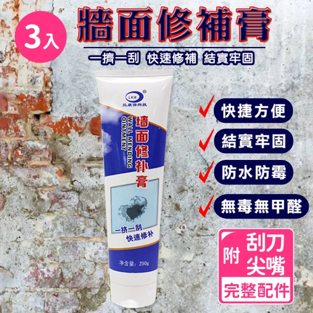 【OKAWA】牆面修復補牆膏 3入組(每瓶250g 附刮刀+尖嘴 防水修補劑 塗料 修復膏)