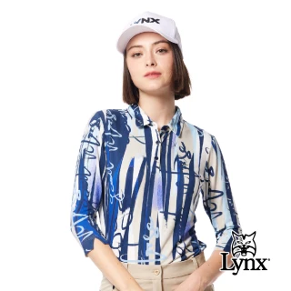 【Lynx Golf】女款歐洲進口布料柔軟舒適英文草寫印花袖口開杈設計七分袖POLO衫(深藍色)
