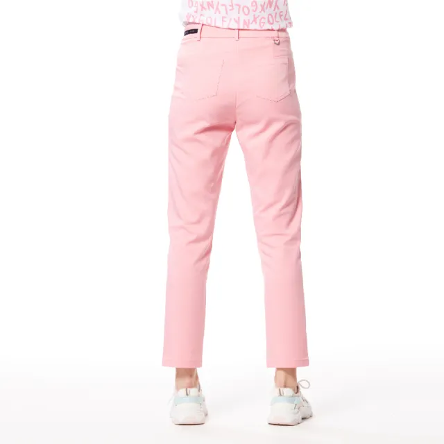 【Lynx Golf】女款彈性舒適布料夜光織帶設計膠印設計拉鍊口袋窄管九分褲(二色)