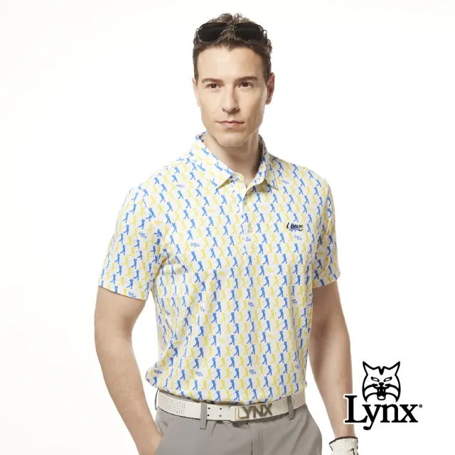 【Lynx Golf】男款吸溼排汗機能滿版配色人物揮桿動作圖樣印花短袖POLO衫/高爾夫球衫(白色)