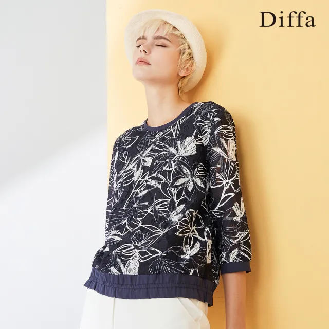 【Diffa】歐風典雅藍白花上衣-女