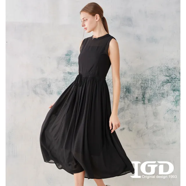 【IGD 英格麗】速達-網路獨賣款-飄逸雪紡剪接綁帶洋裝(黑色)