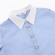 【OUWEY 歐薇】撞色領七分袖條紋襯衫(藍色；S-L；3242121515)