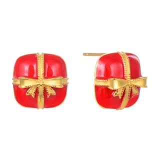 【925 STARS】純銀925金色緞帶聖誕禮物造型耳釘(純銀925耳釘 緞帶耳釘 禮物耳釘)