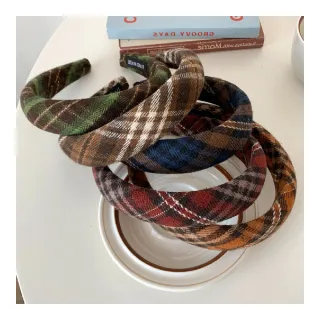 【INES】格紋髮圈 學院風髮圈/韓國設計經典學院風格紋高顱頂設計髮箍 髮圈(5色任選)