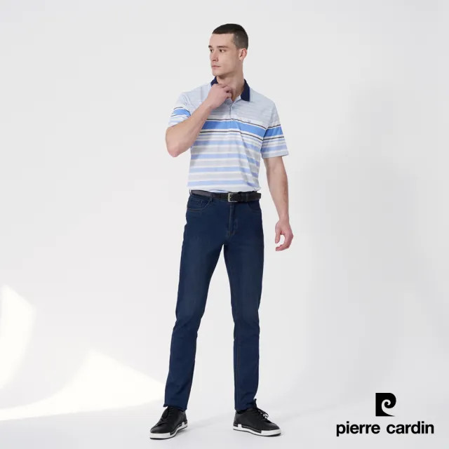 【pierre cardin 皮爾卡登】網路獨家 男款 Hi Cool彈力吸濕排汗定位條紋短袖POLO衫-藍色(7247268-35)