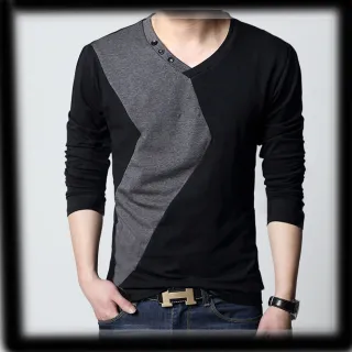 【Heart:W 新職人】★韓版三扣V領拼接T恤(上衣/長袖/時尚)