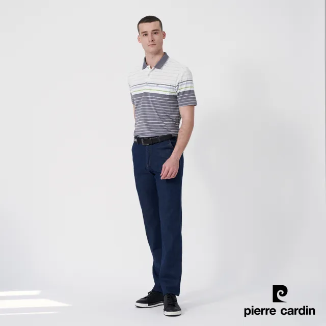 【pierre cardin 皮爾卡登】網路獨家 男款 Hi Cool彈力吸濕排汗定位條紋短袖POLO衫-綠色(7247266-42)