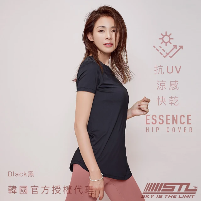 STL 韓國瑜伽 ESSENCE 女 運動機能 圓領 短袖 上衣 涼感 長版 微腰身 半蓋臀(Black黑色)