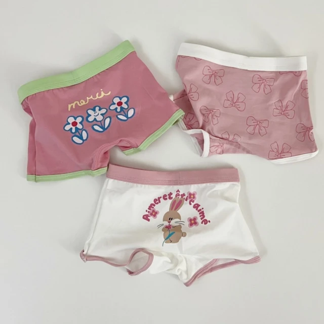 韓國 V.Bunny 女童女孩100-160cm棉質內褲3件組 - 粉色花朵兔子蝴蝶結滾邊(TM2402-307)