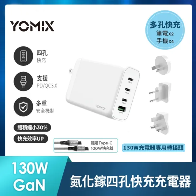 萬國轉接頭組【YOMIX 優迷】130W GaN type-C/USB-A PD/QC四孔充電器(GaN-X4/支援筆電手機快充/贈100W充電線