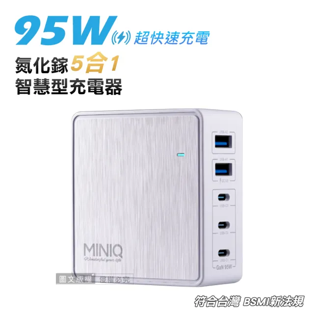 【MINIQ】95W氮化鎵GaN 5 port 五合一智慧型PD/QC/TYPE-C 超快速USB延長線充電器(五孔2A3C)