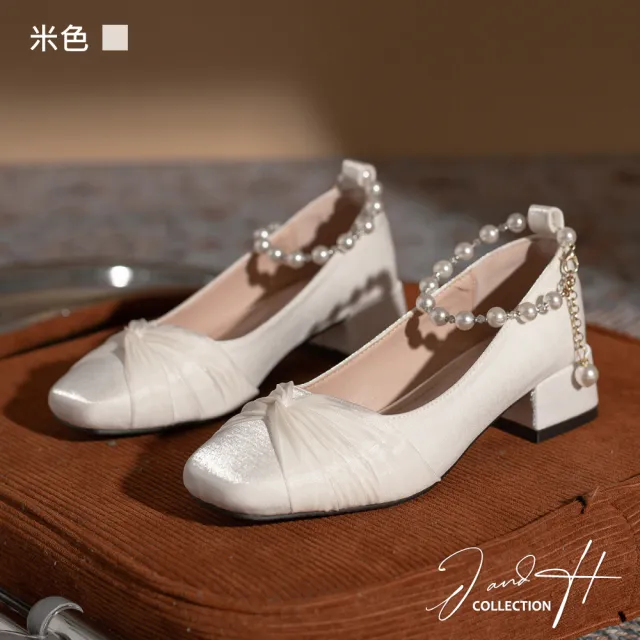 【J&H collection】法式珍珠鍊帶舒適綢緞面淺口跟鞋(現+預  米色)