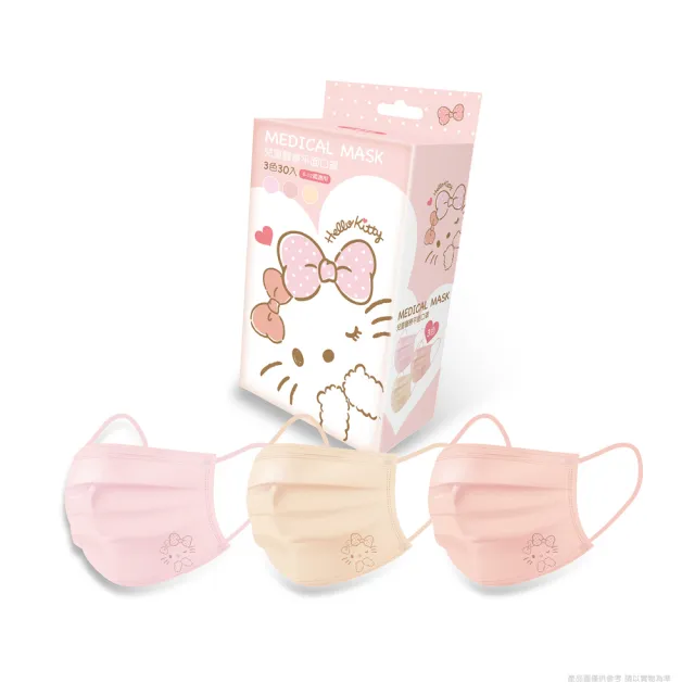 【水舞生醫】Hello Kitty經典質感壓紋兒童平面醫療口罩30入/盒X2盒(三麗鷗 凱蒂貓 親子款)