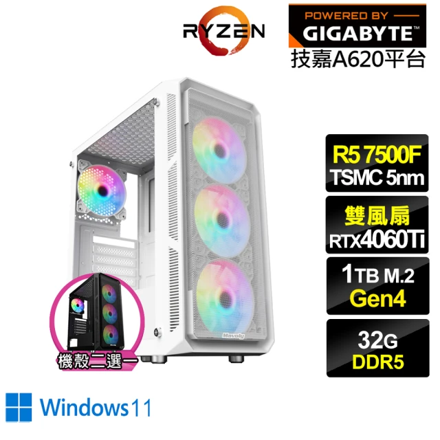 技嘉平台 R5六核GeForce RTX 4060TI Win11{皇國英雄W}電競電腦(R5-7500F/A620/32G/1TB)