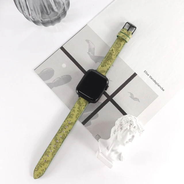 Watchband Apple Watch / 全系列通用錶帶 蘋果手錶替用錶帶 細版圖騰 黑鋼扣 真皮錶帶(深綠色)