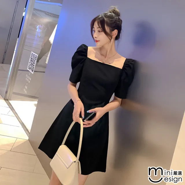 【Mini 嚴選】現貨 一字領泡泡袖洋裝(黑色 洋裝)