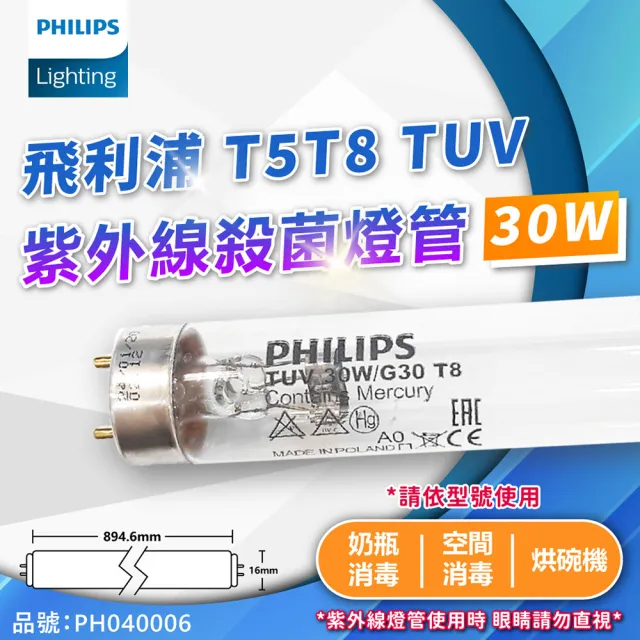 【Philips 飛利浦】2支 TUV 30W G30 UVC T8殺菌燈管 _ PH040006