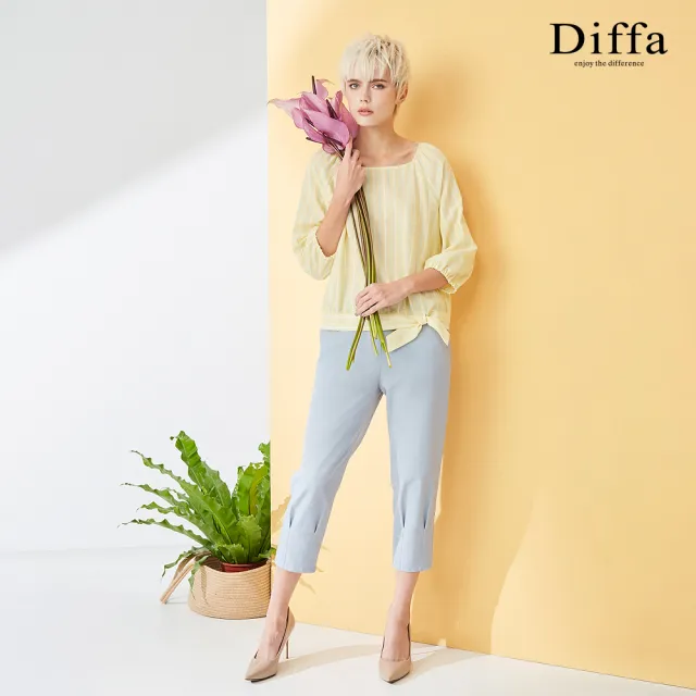 【Diffa】黃白條方領拉克蘭袖上衣-女