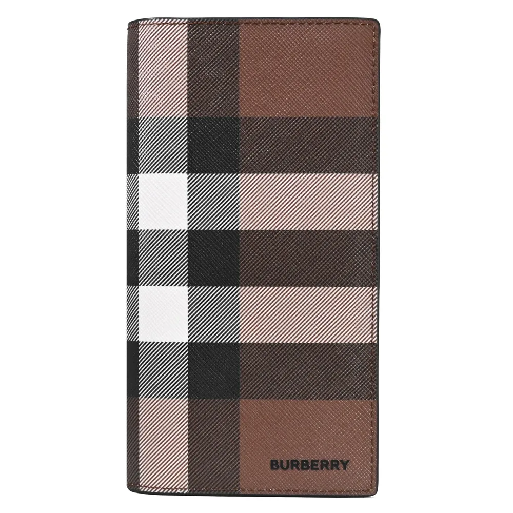 【BURBERRY 巴寶莉】英系經典格紋印花拼接對折多卡多功能長夾(樺木棕)