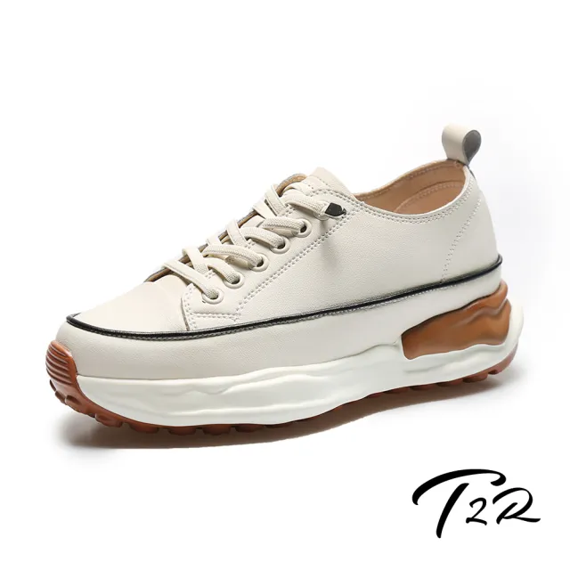 【T2R】正韓空運-增高鞋真皮拼接偽帆布鞋造型休閒鞋-增高約6.5公分-黑/米/全黑/灰/粉(免綁帶)