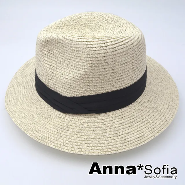 【AnnaSofia】買一送一久等禮 遮陽帽防曬帽網美渡假草帽海灘帽紳士帽爵士帽-黑層摺帶 現貨(杏系)