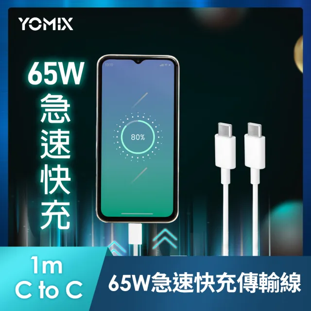 C to C 65W快充1M線組【YOMIX 優迷】40W GaN氮化鎵雙孔Type-C快充充電器 (支援iPhone 15快充)