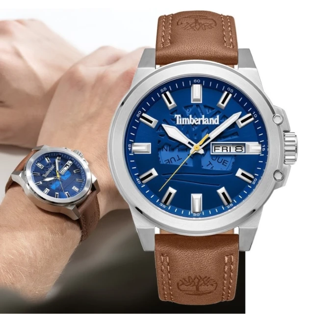 TimberlandTimberland 天柏嵐 CANFIELD系列 DAY-DATE多功能腕錶 皮帶-藍/棕色46mm(TDWGB0040801)