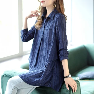 【MsMore】藍色中長款襯衫OL氣質長袖復古寬鬆休閒上衣#120812(藍)